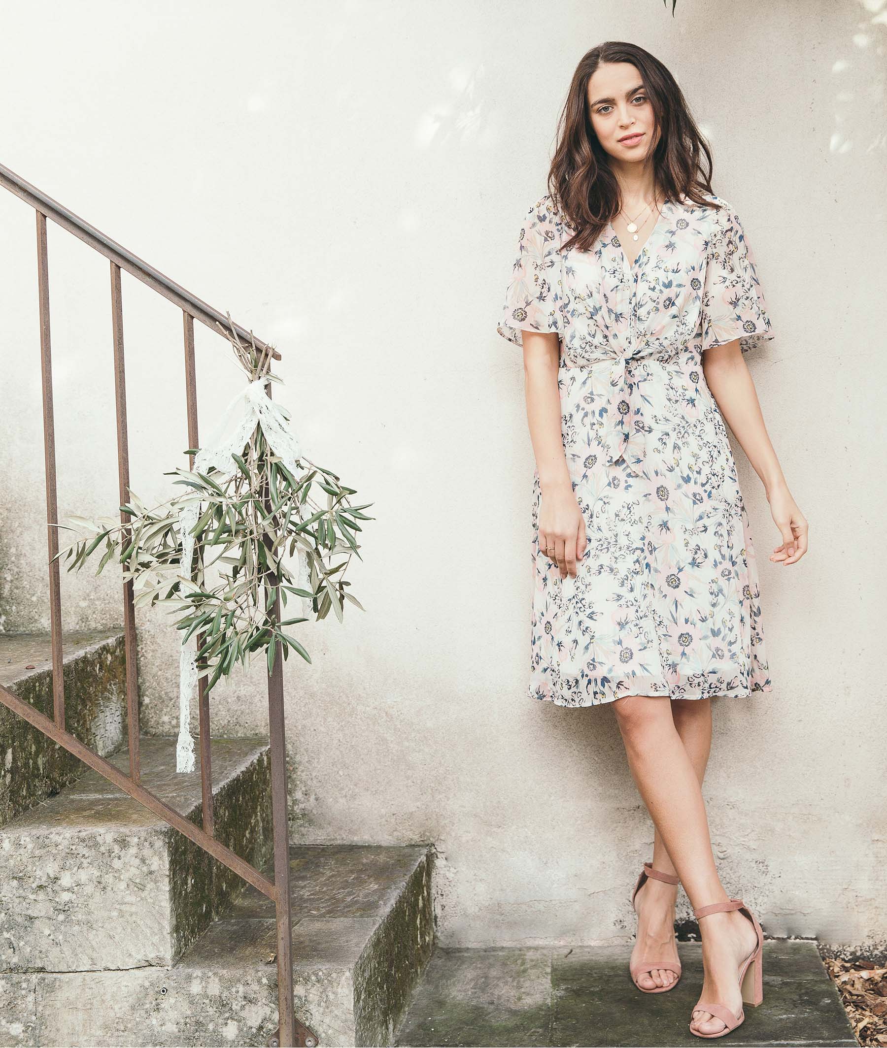 Robe fleurie nouée femme BEIGE
