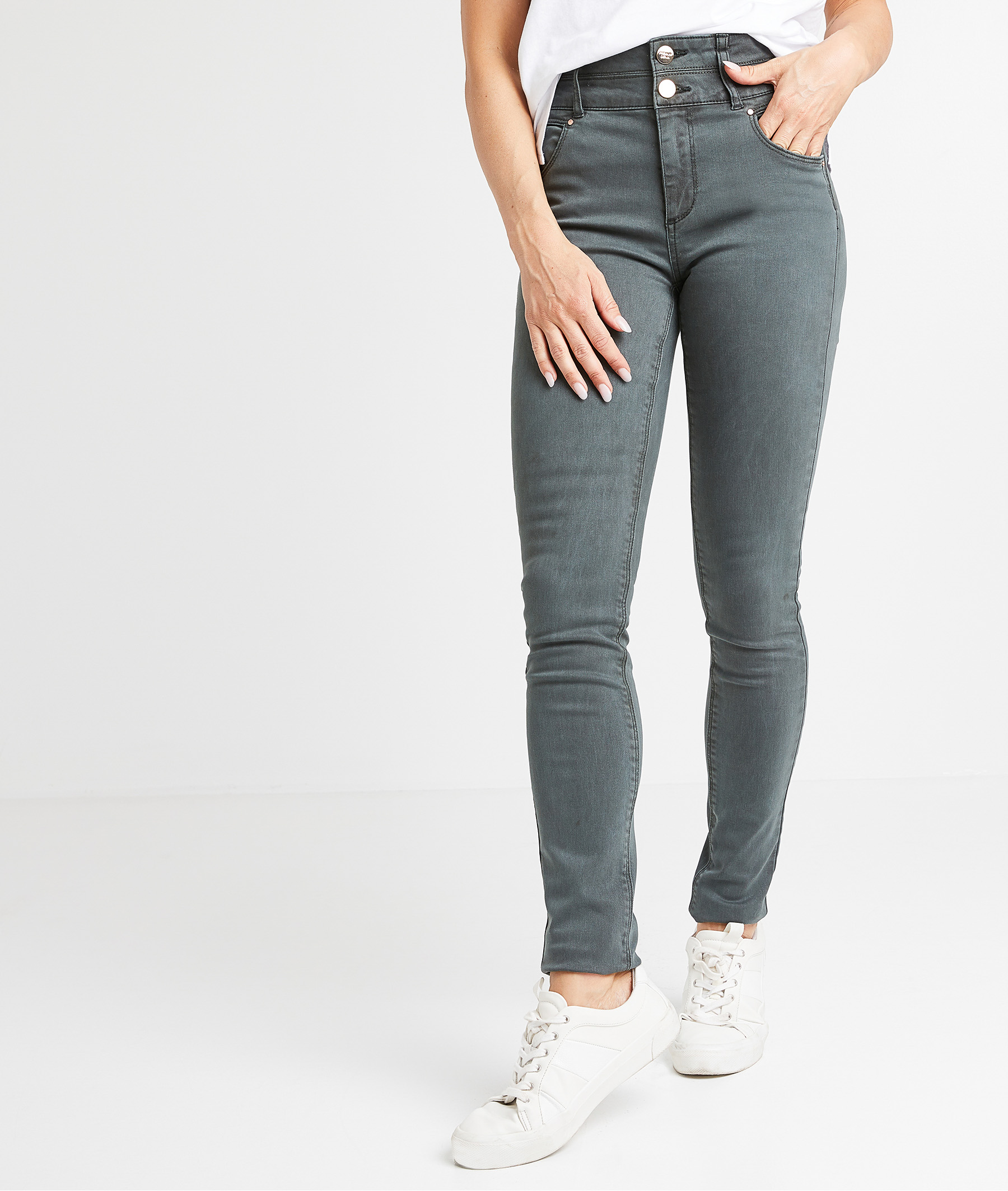 Jean slim taille haute de couleur femme VERT FONCE