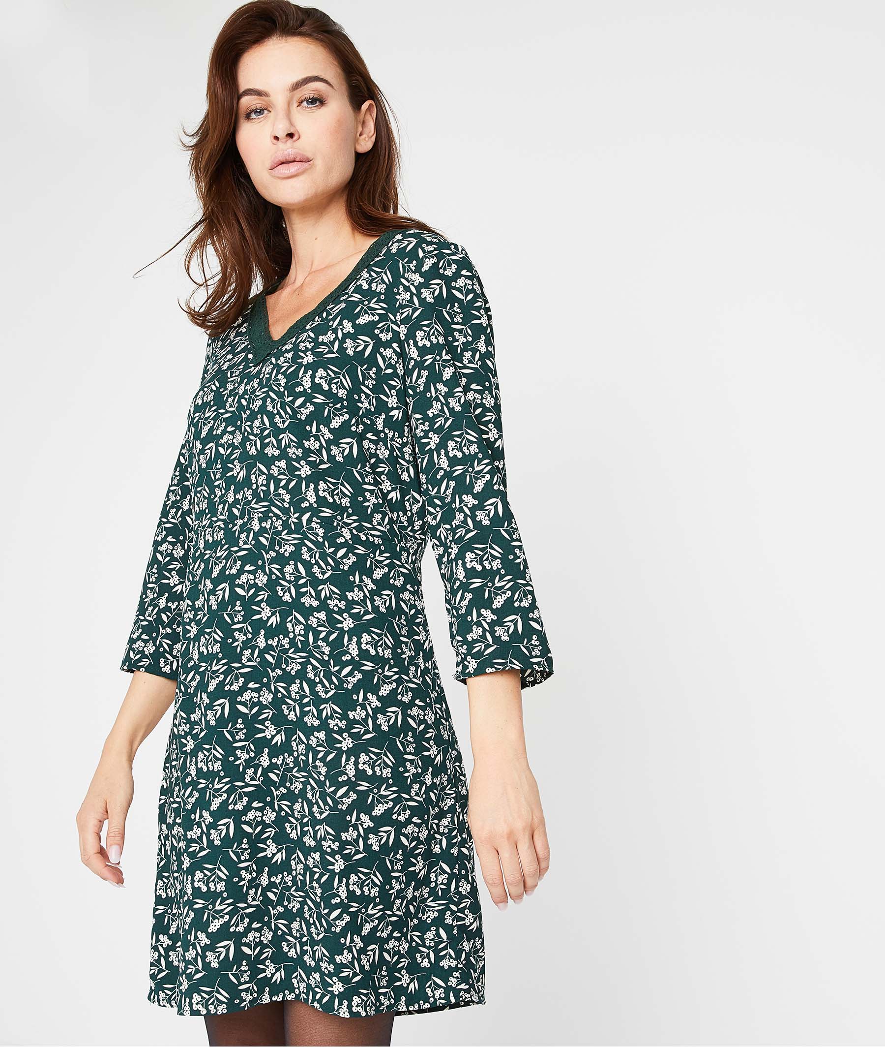 Robe imprimée manches 3/4 femme VERT