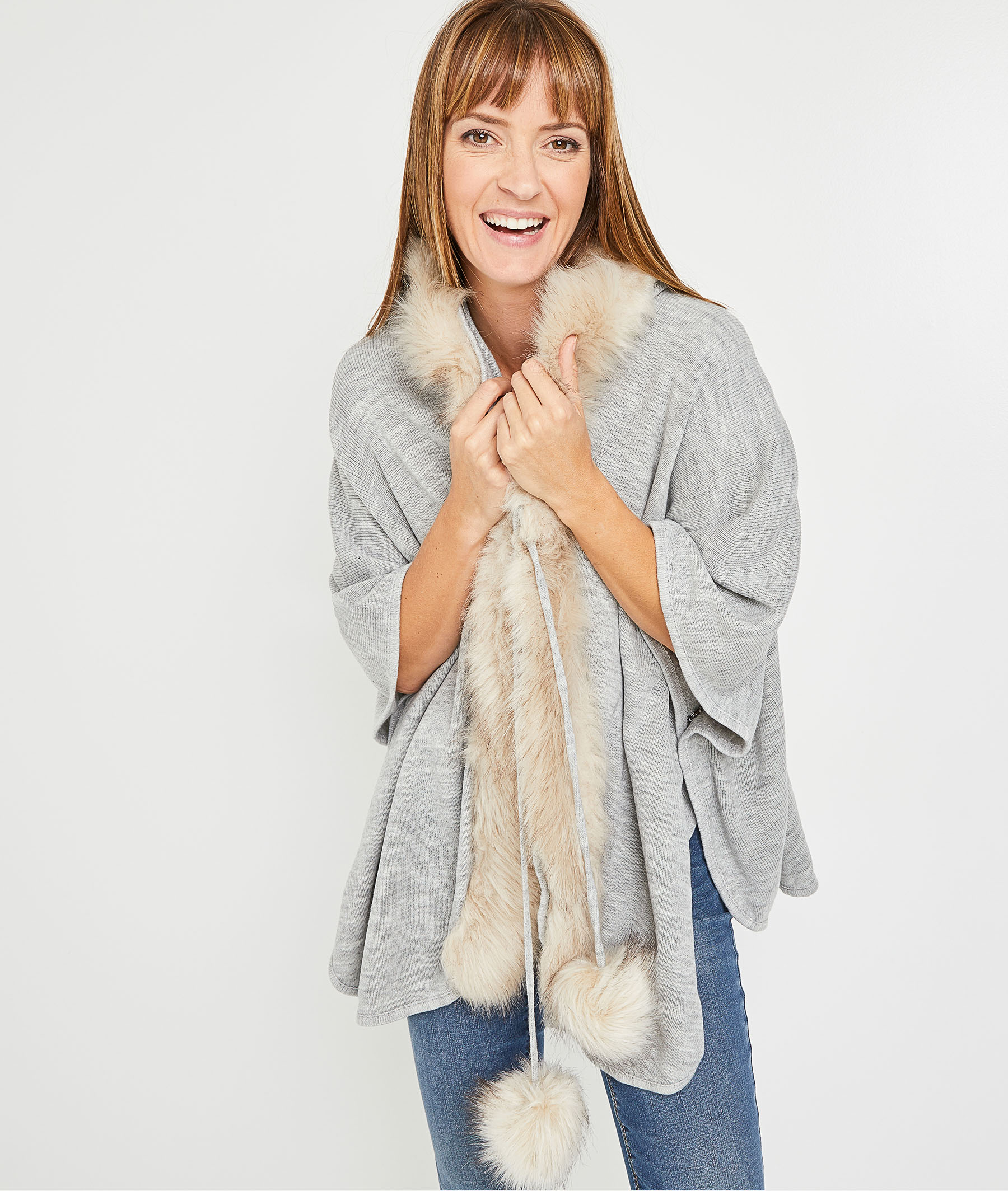 Poncho capuche et fausse fourrure femme ANTHRACITE