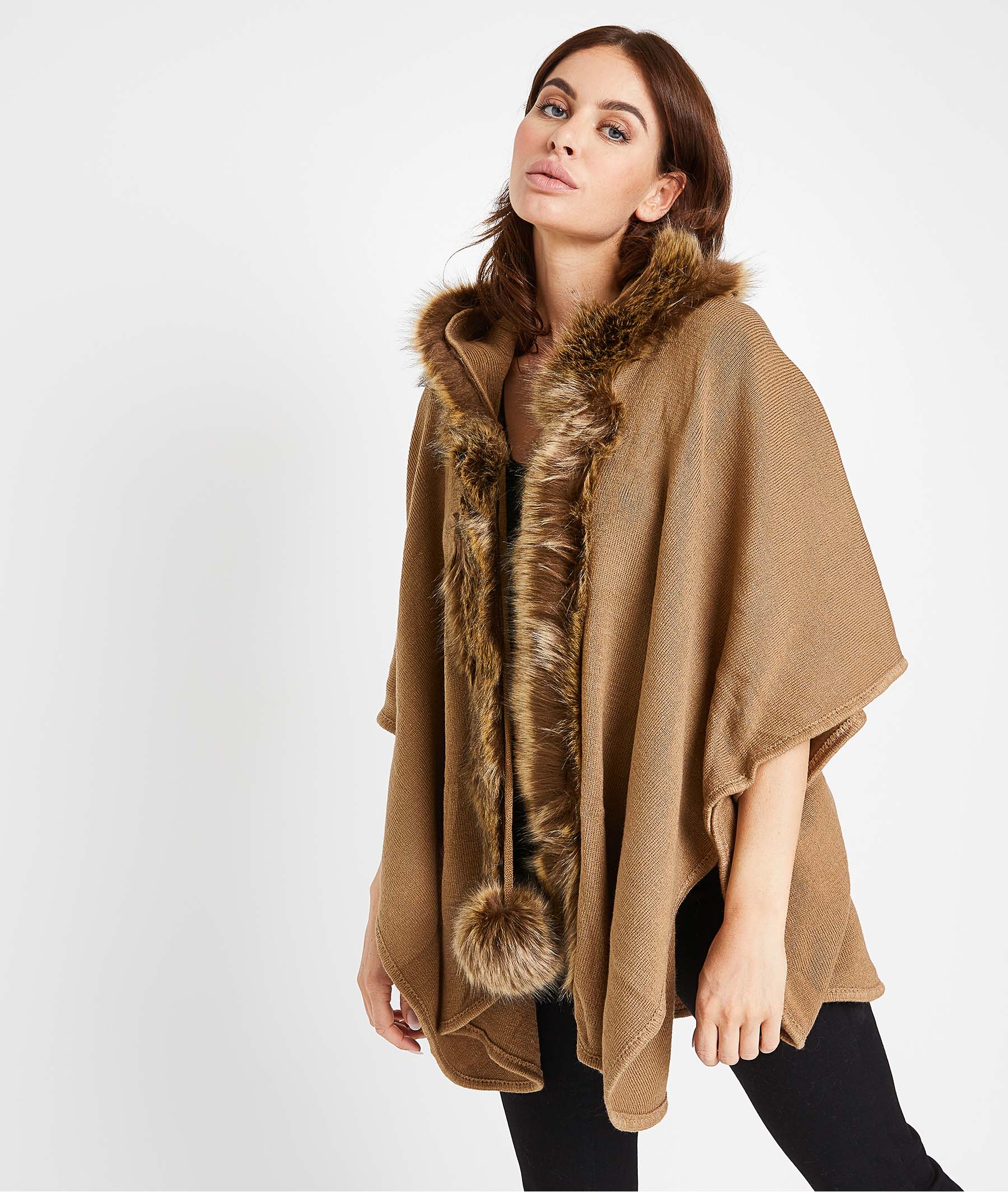 Poncho capuche et fausse fourrure femme CAMEL