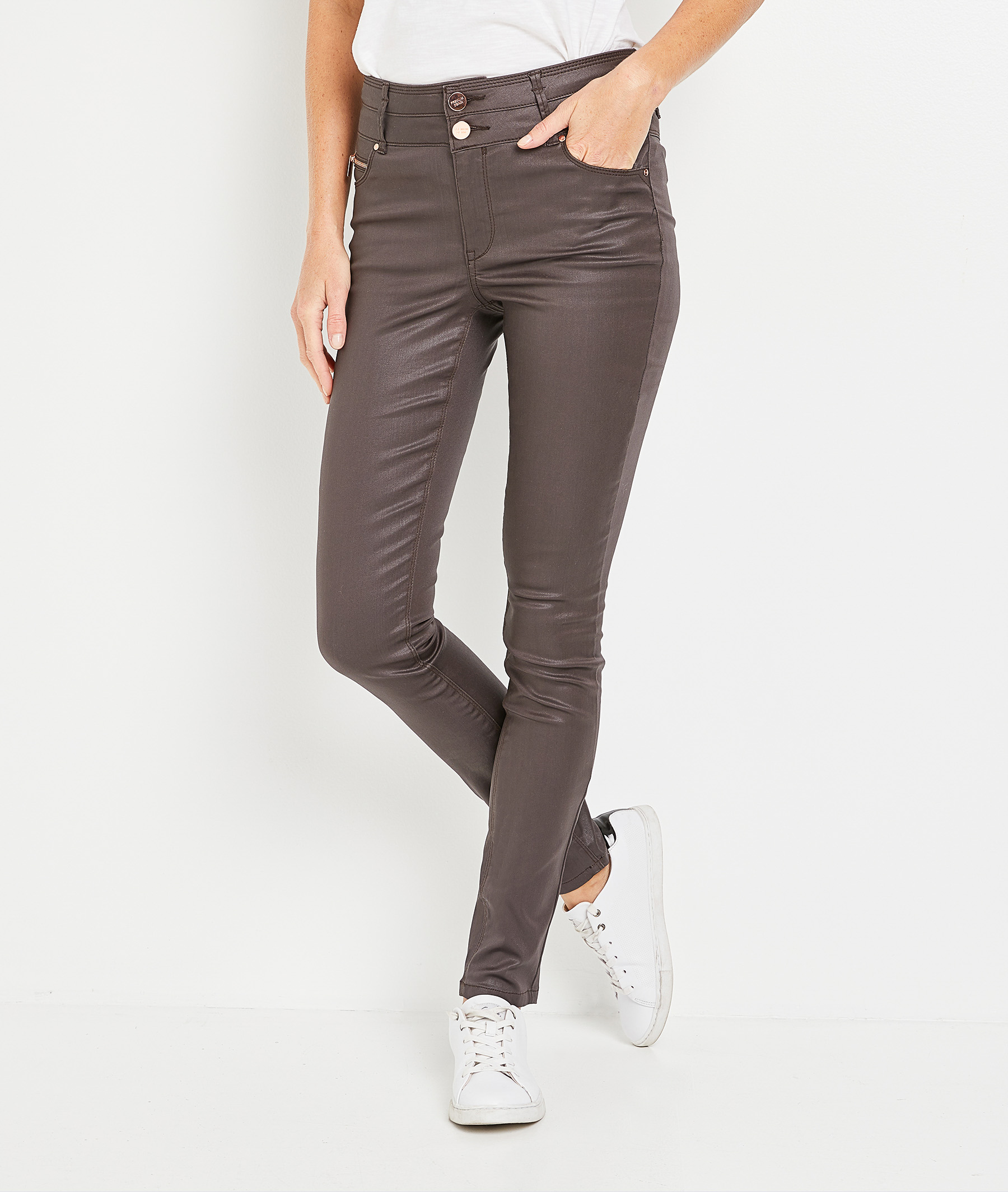 Jean taille haute enduit femme CHOCOLAT