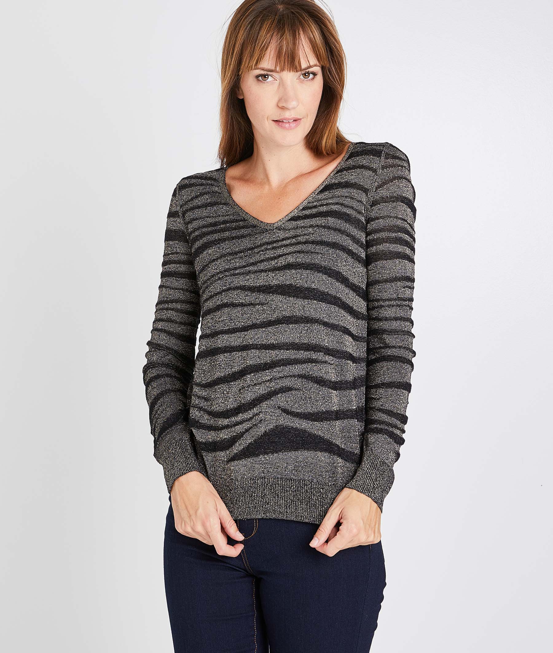 Pull zébré noir et gris femme NOIR