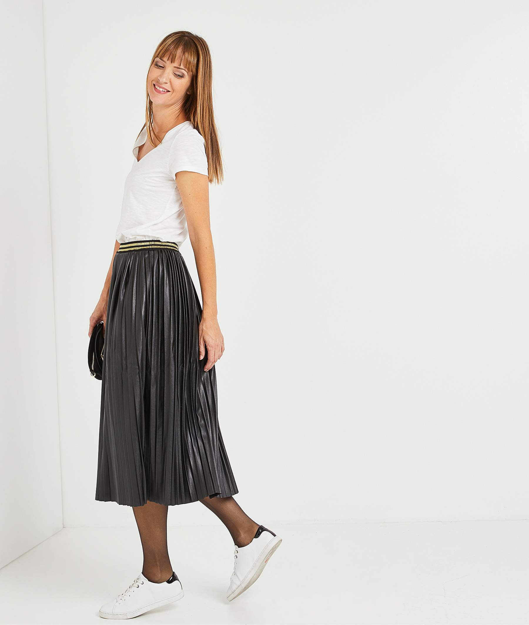 Jupe pliss?�e en simili cuir femme NOIR - Grain de Malice