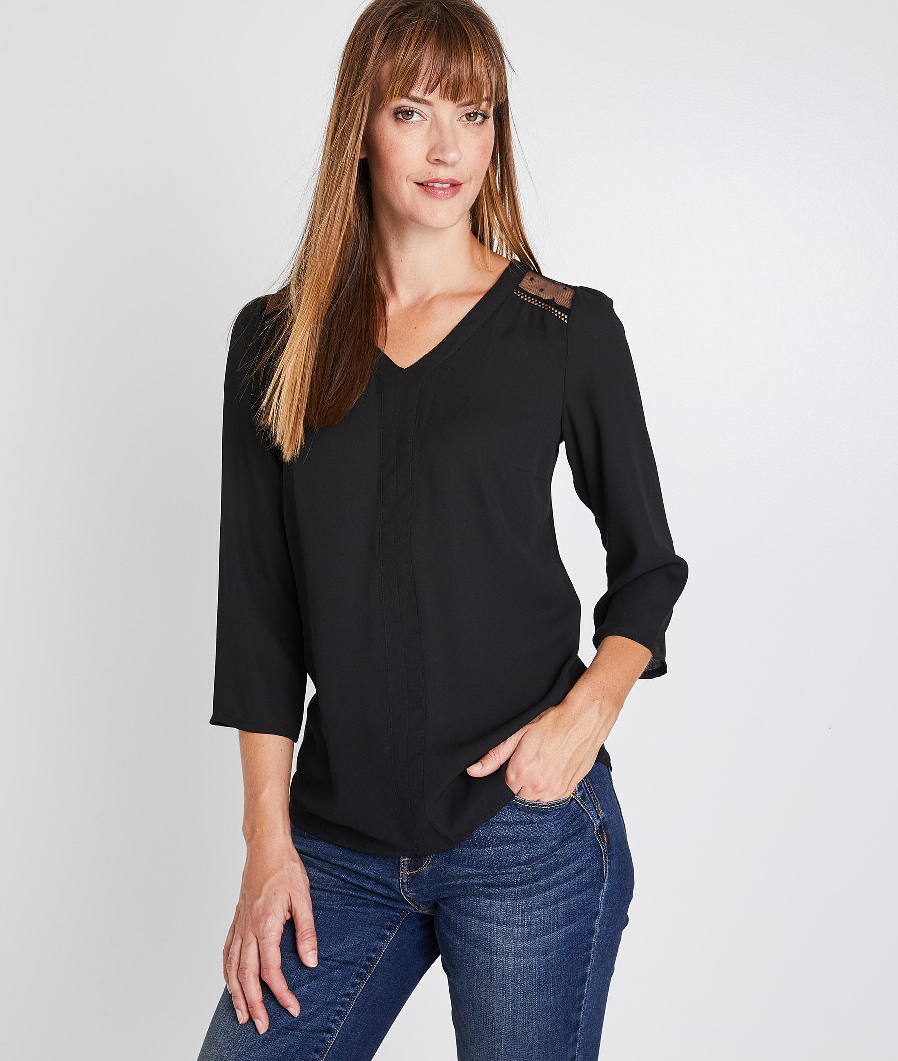 T-shirt noir détails plumetis femme NOIR