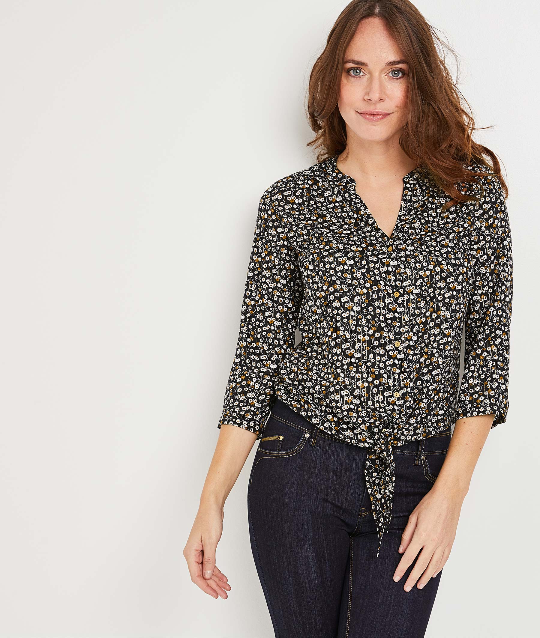 Blouse fleurie nouée femme NOIR
