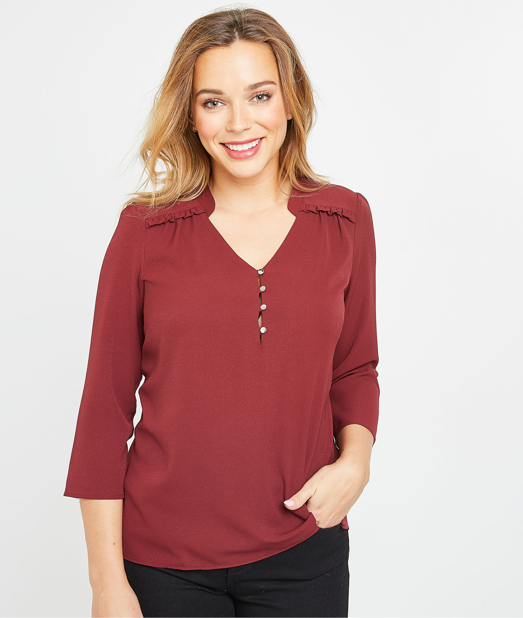 Blouse unie à volants femme GRENAT