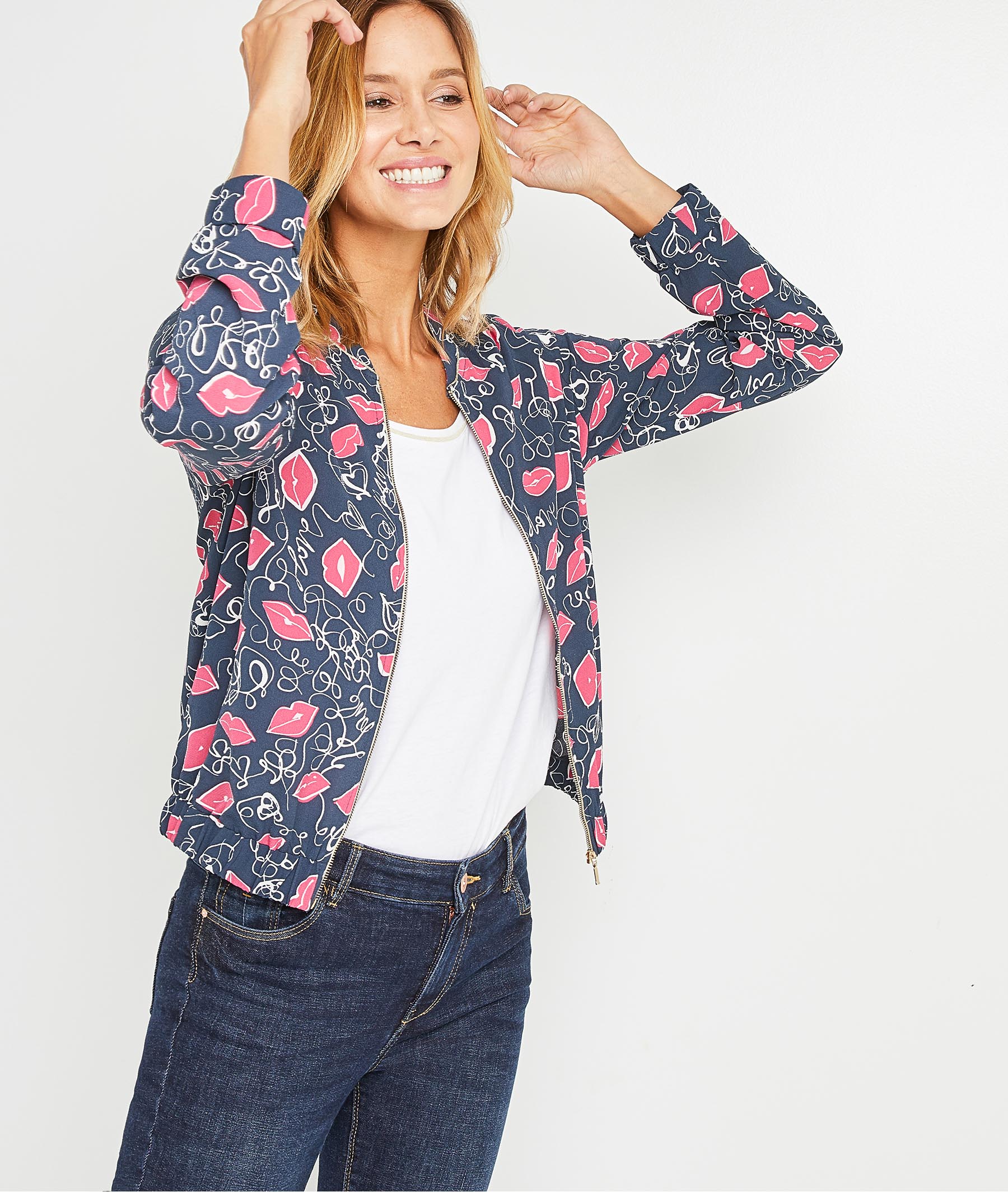 Bomber fluide imprimé bouches femme MARINE