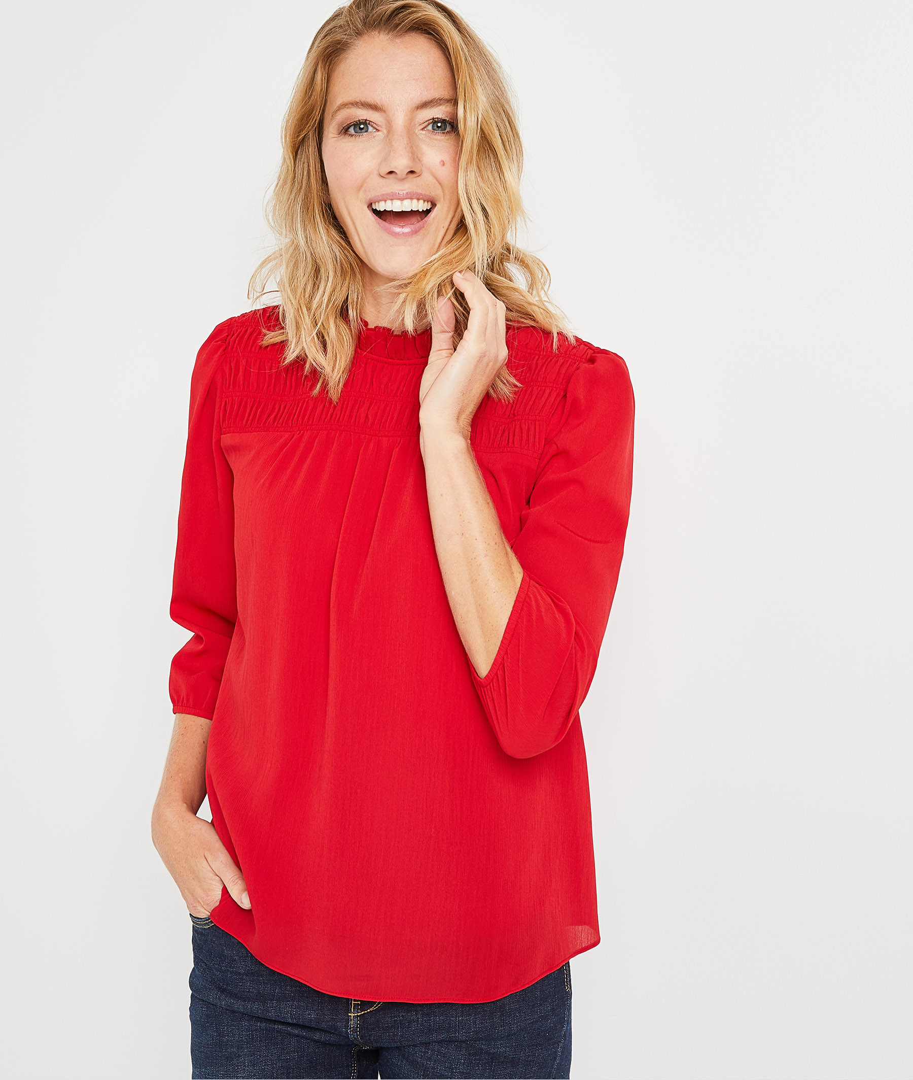Blouse rouge col smocké femme ROUGE