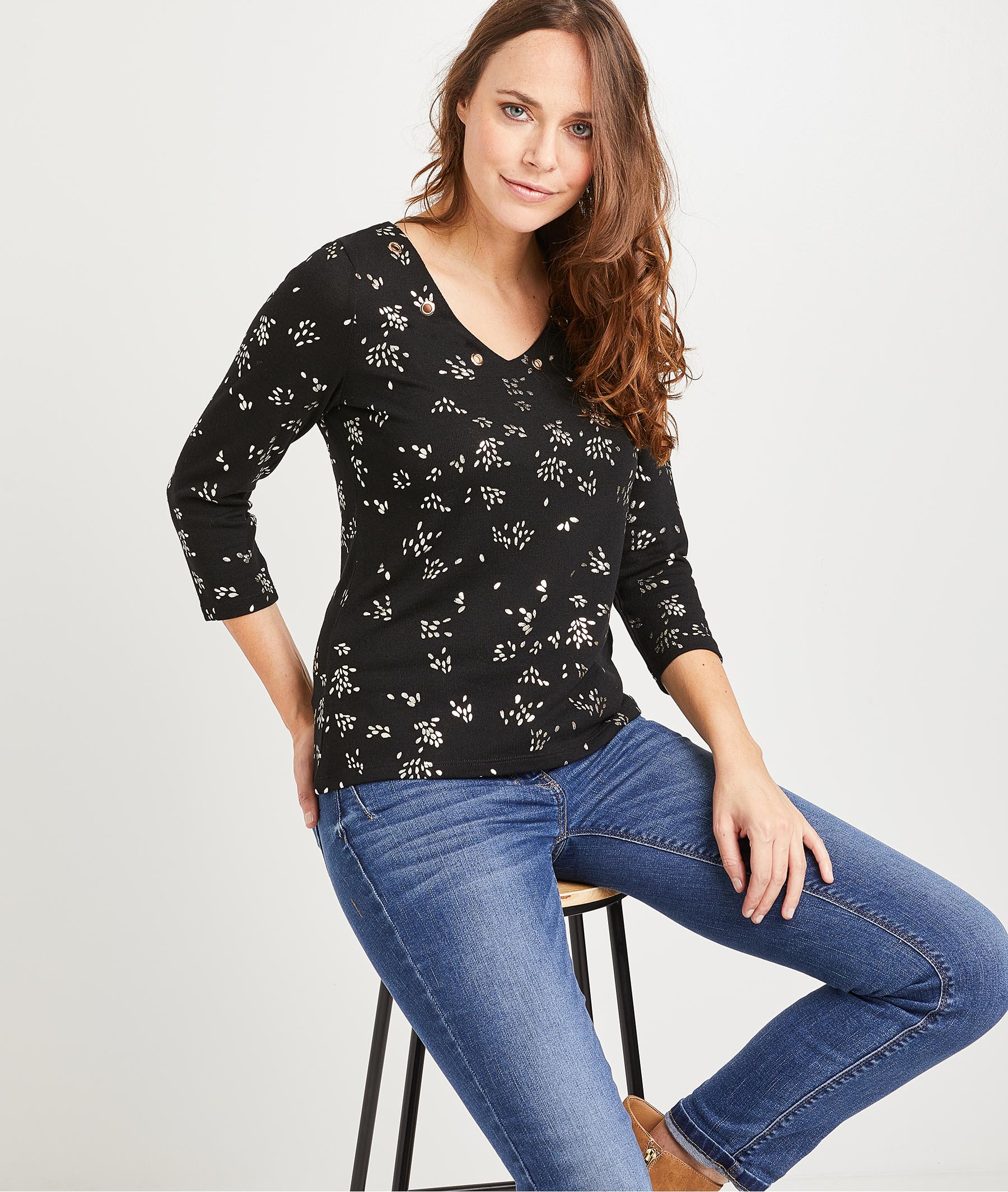 T-shirt noir imprimé femme NOIR