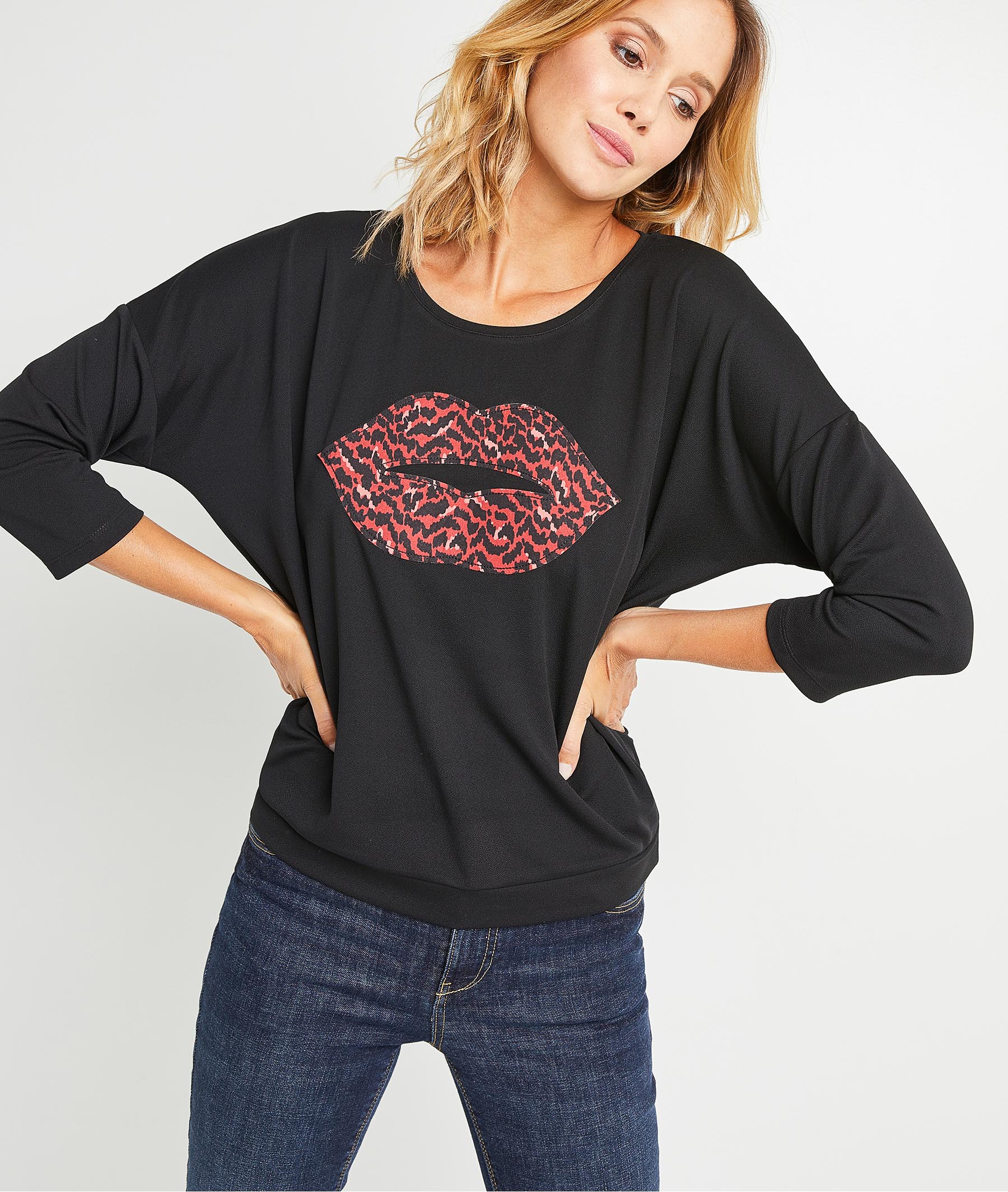 T-shirt imprimé bouche femme NOIR