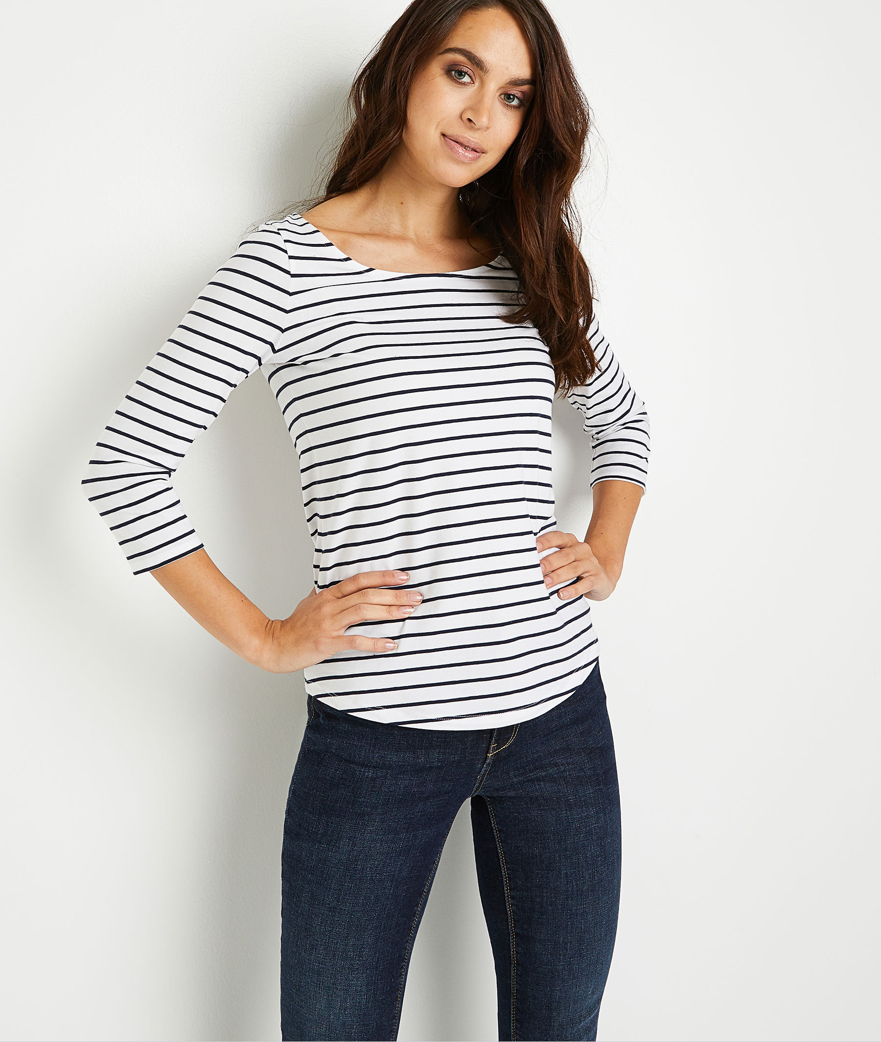 T-shirt basique rayé en coton femme BLANC