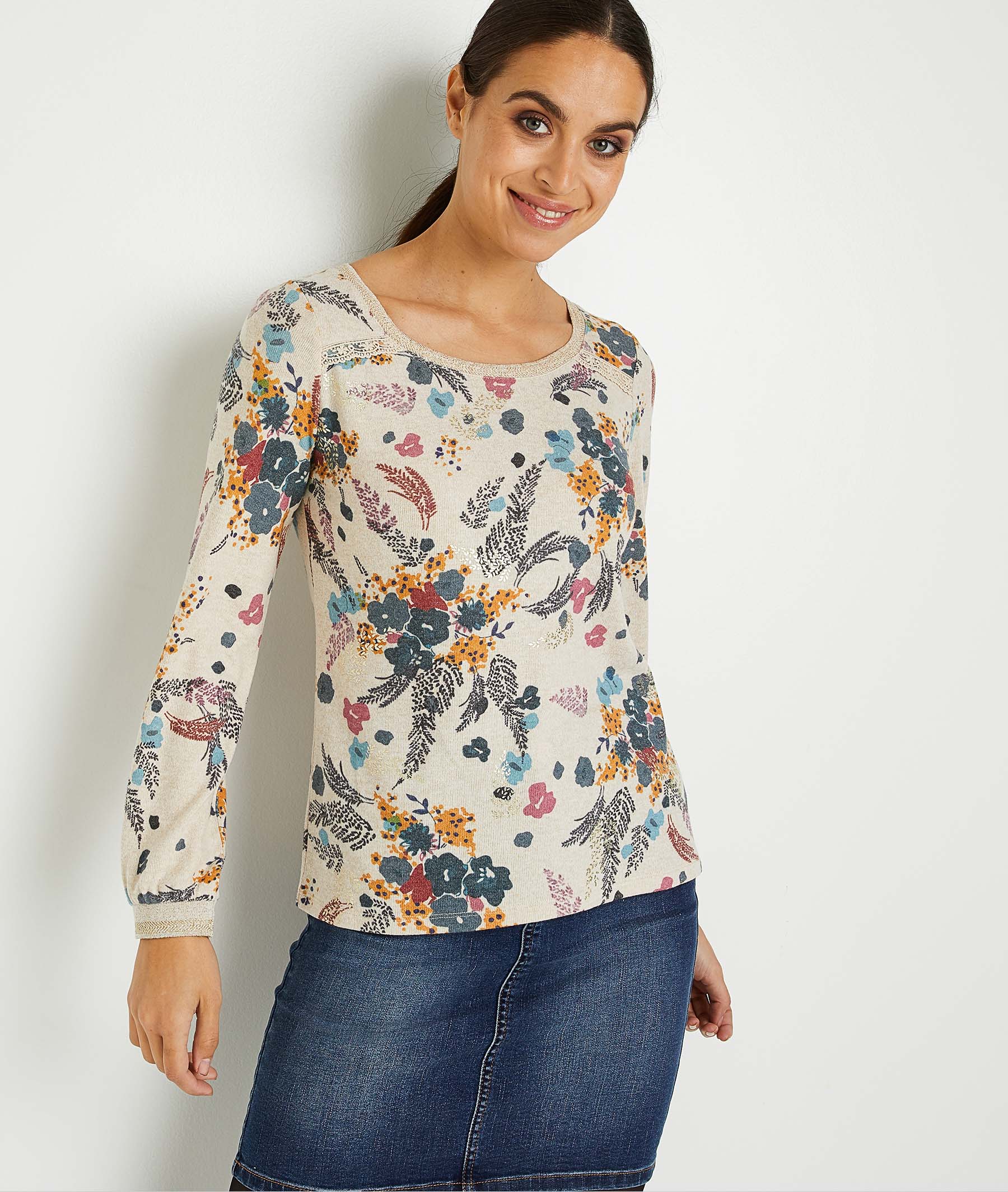 T-shirt imprimé fleuri femme BEIGE