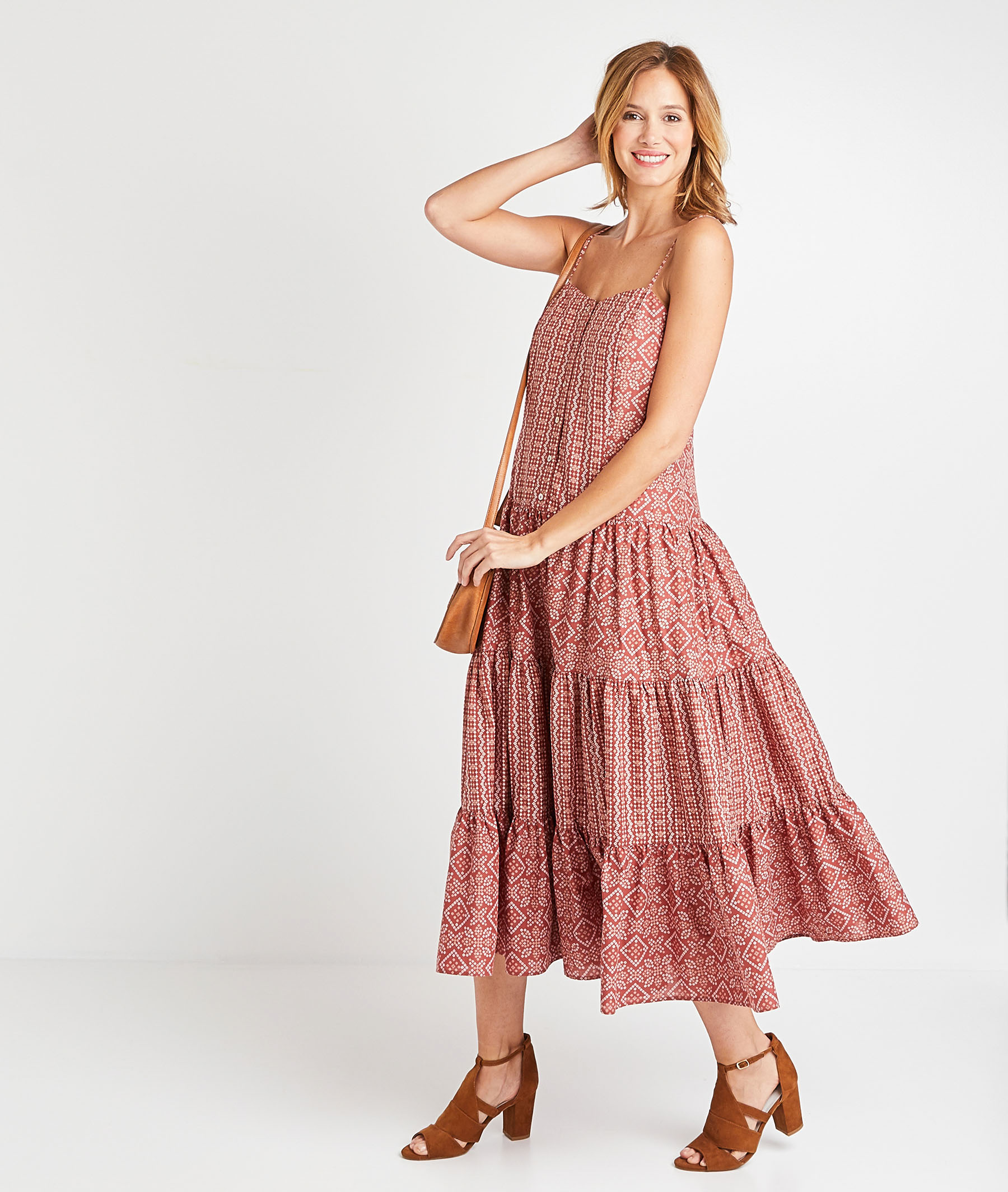 Robe longue imprimée à volants femme CAMEL Grain de Malice