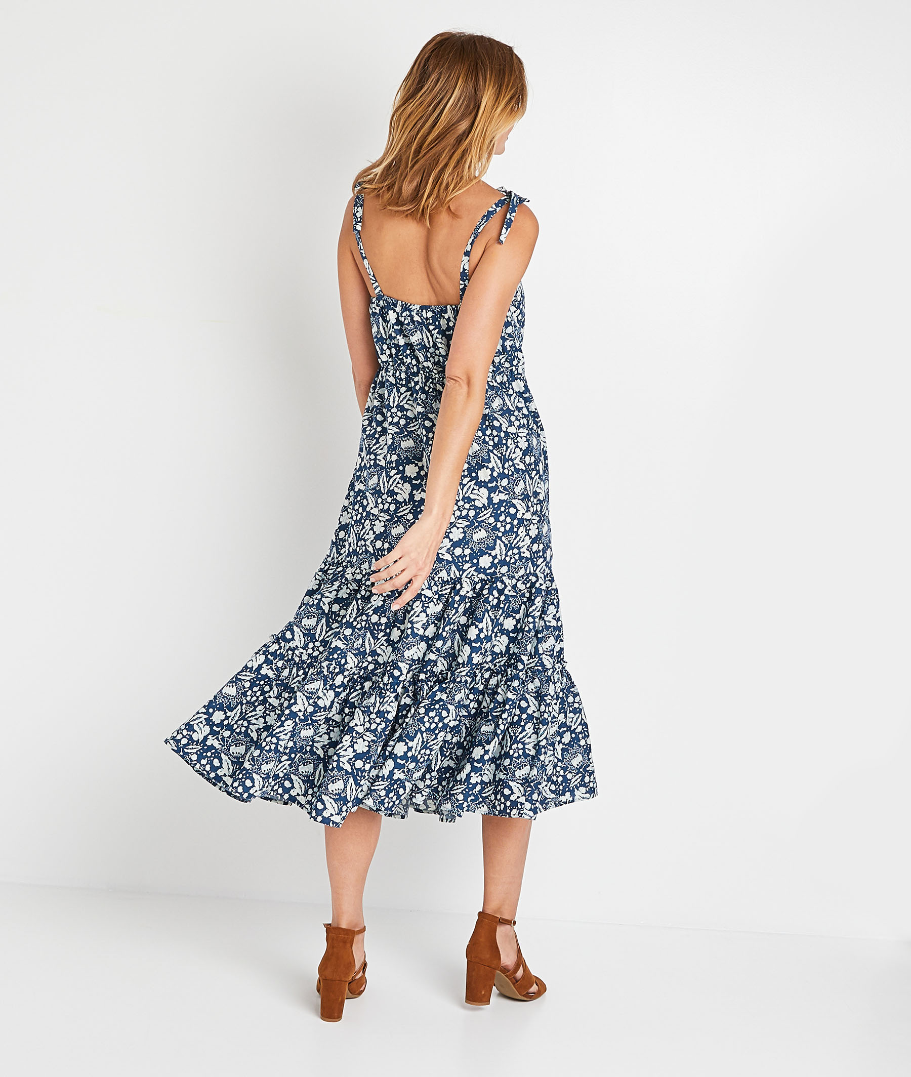 Robe longue imprimée à bretelles femme BLEU Grain de Malice