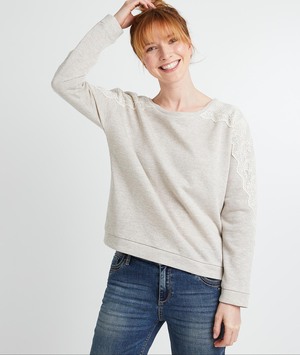 Sweat col rond avec dentelle femme GRIS