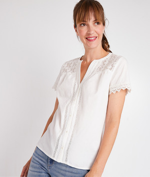 Blouse en coton et dentelle femme ECRU
