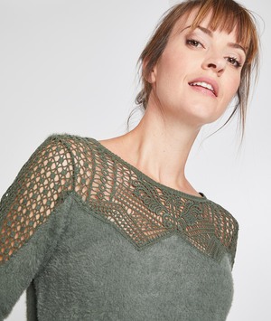 Pull doux avec guipure femme KAKI