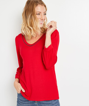 T-shirt uni manches 3/4 femme ROUGE