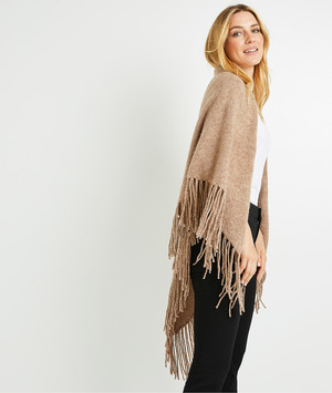 Poncho uni à franges femme CAMEL