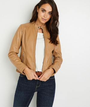 Blouson en cuir beige femme BEIGE