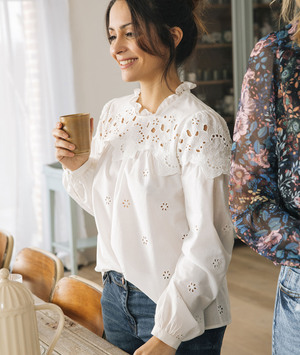 Blouse en coton brodée écrue femme ECRU