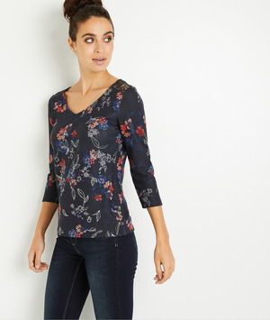 T-shirt manches 3/4 fleuri femme MARINE