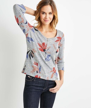 T-shirt gris print fleurs femme GRIS