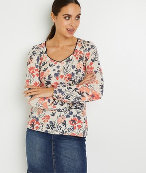 T-shirt manches longues fleuri femme BEIGE