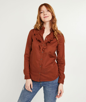 Chemise brodée à volants femme MARRON