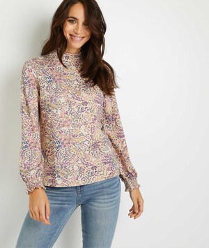 T-shirt smocké imprimé fleuri femme BEIGE