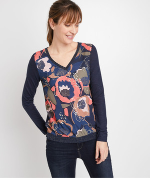 Tshirt imprimé fleuri femme MARINE