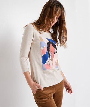 T-shirt manches 3/4 print visage femme BEIGE