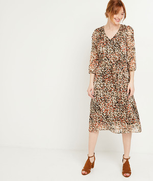 Robe mi-longue imprimée femme KAKI