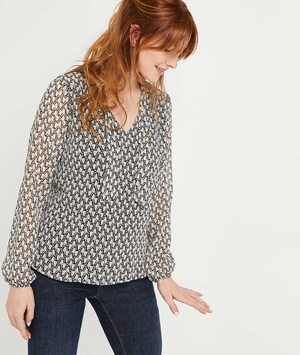 Blouse imprimée col lavalière femme NOIR