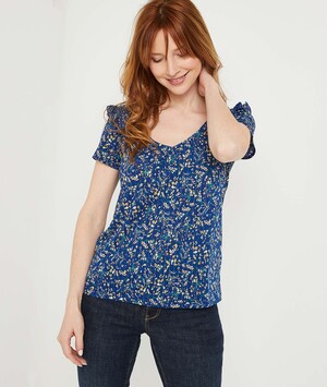 T-shirt bleu fleuri à volants femme BLEU