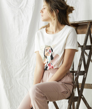 T-shirt en coton print visage femme ECRU