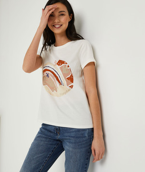 T-shirt print blanc en coton femme ECRU