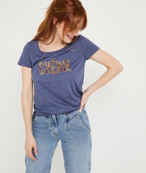 T-shirt bleu chiné à message femme BLEU