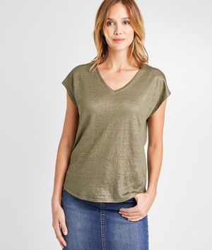 T-shirt en lin kaki uni femme KAKI