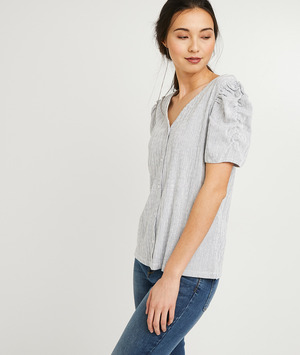 T-shirt rayé manches froncées femme BLEU