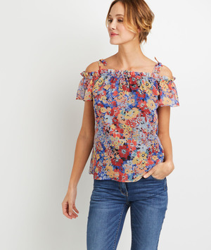 Blouse fleurie épaules dénudées femme NOIR