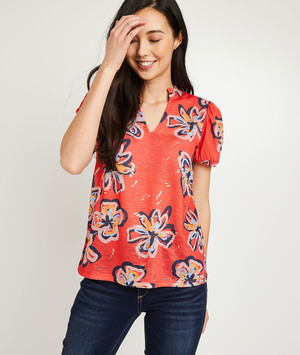 T-shirt rouge à fleurs femme ROUGE