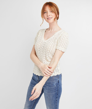 Pull à manches courtes ajouré femme ECRU