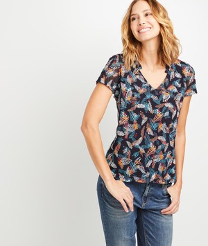 T-shirt imprimé feuillages colorés femme MARINE