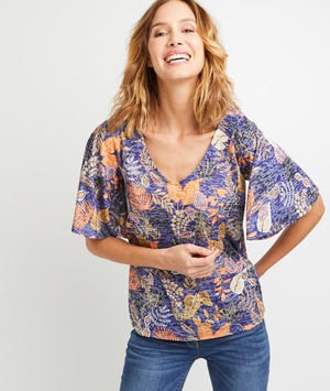 T-shirt bleu imprimé feuillages femme BLEU