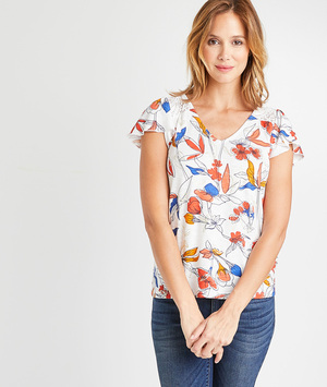 T-shirt à fleurs rouges et bleues femme ECRU