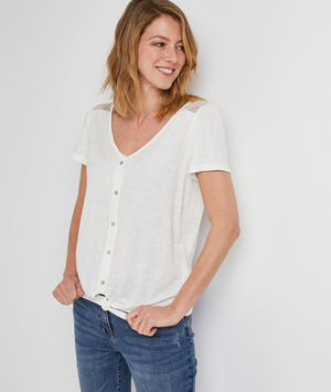 T-shirt uni à dentelle noué femme ECRU