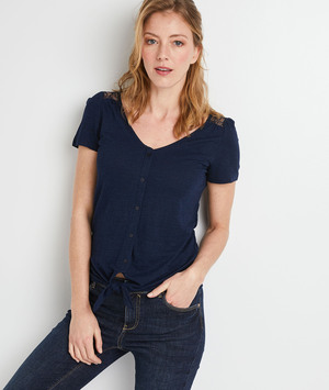 T-shirt uni à dentelle noué femme MARINE