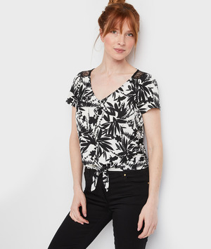 T-shirt imprimé noir et blanc noué femme NOIR